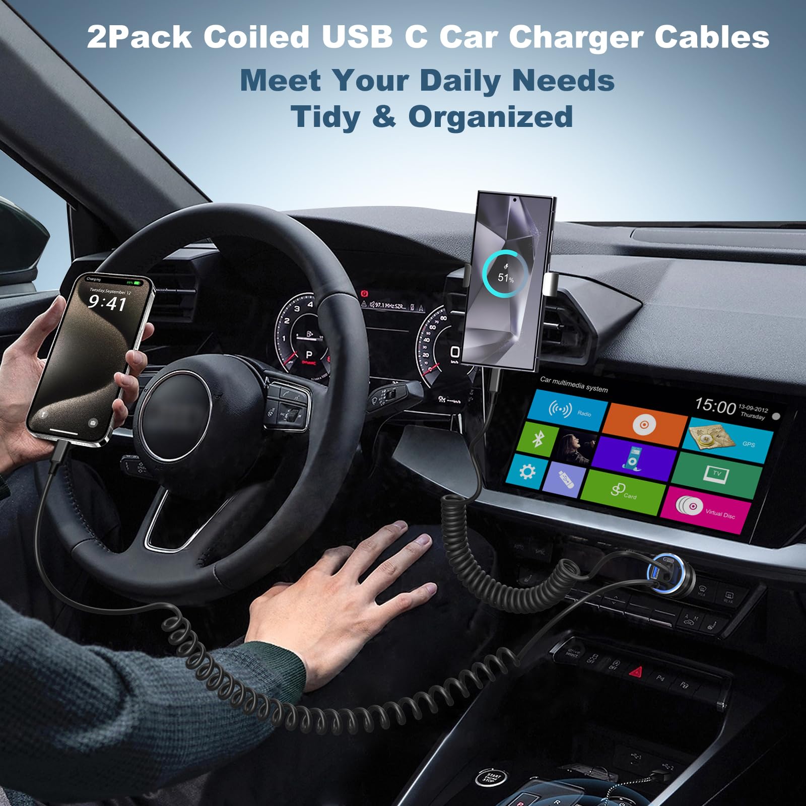 OKRAY Chargeur de voiture rapide USB C 65 W, chargeur de voiture QC/PD/PPS de type C à charge rapide à 4 ports, adaptateur allume-cigare avec lot de 2 câbles USB C spiralés pour