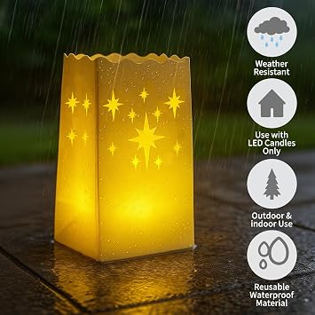 Waterproof 30-Pack Luminaria Bags with LED Candles Reusable White Plastic Luminaries for Outdoor, Christmas, Wedding & Party Decorations