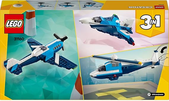 LEGO Creator 3’ in 1 Airplane: Racing Aircraft 31160-7 Years and Above Toy Making Set for Kids That Can Turn into a Jet or Helicopter, Birthday Gift (178 Pieces)