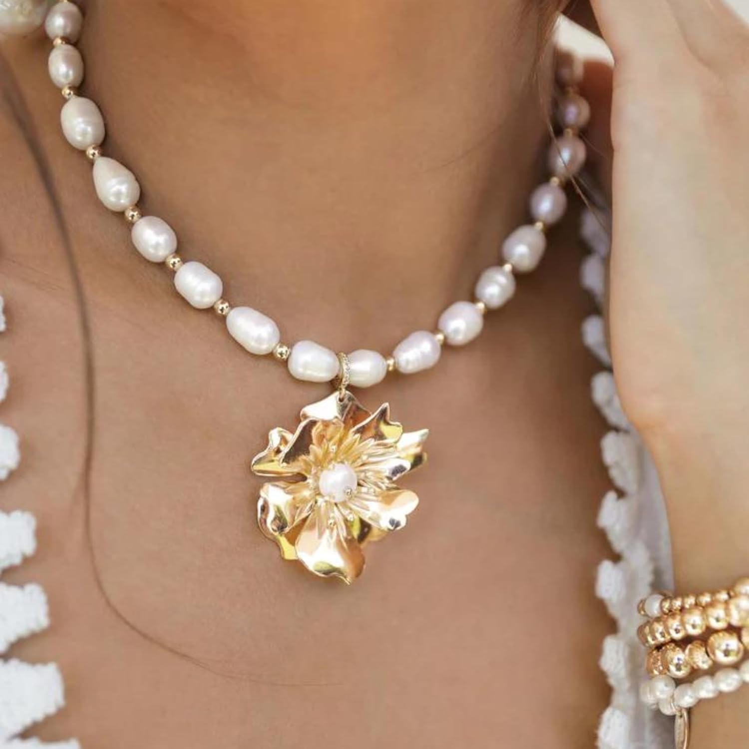 Ettika Pearl Strands. Choker Necklace. Pearl Necklace, Golden Petal and Pearl Necklace, 18K Gold Plated, Jewelry, Gifts for Women