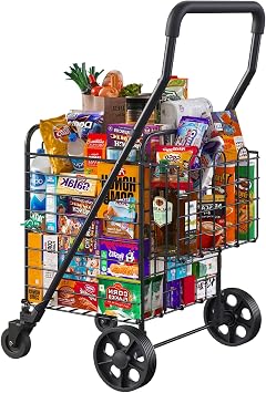 Folding Shopping Cart, Rolling Trolley with 360 Swivel Wheels Height Adjustable Grocery Cart for Laundry, Baggage, Picnic