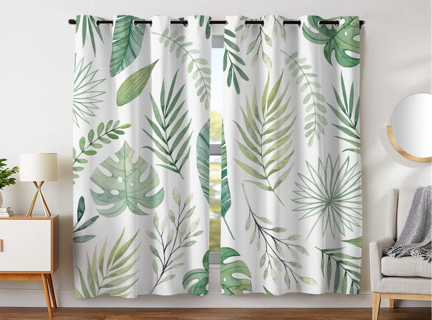 YISUMEIPlant Curtains, Tropical Green Palm Leaves Botanical Decorative Blackout Window Draperies for Bedroom and Living Room（2 Panels, W52 x L84 Inch, White Green）