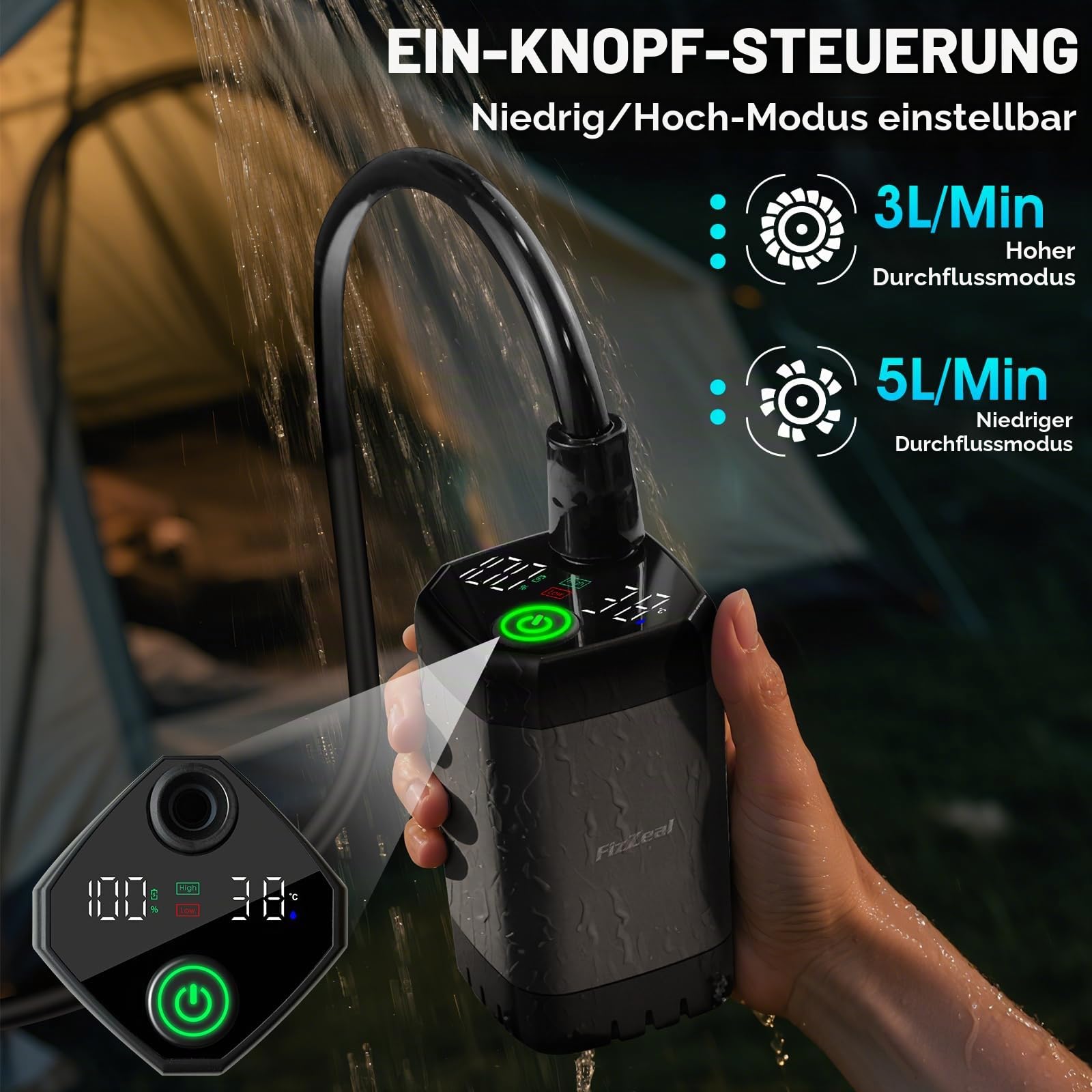 Tragbare Dusche mit Heizung, tragbare Dusche für Camping mit 2000 W Auto-Off-Heizung, 4 Sprühmodi, hält 140 Minuten, LED-Display, tragbare Duschpumpe, Outdoor-Dusche für Camping, Wandern, Reisen, Auto