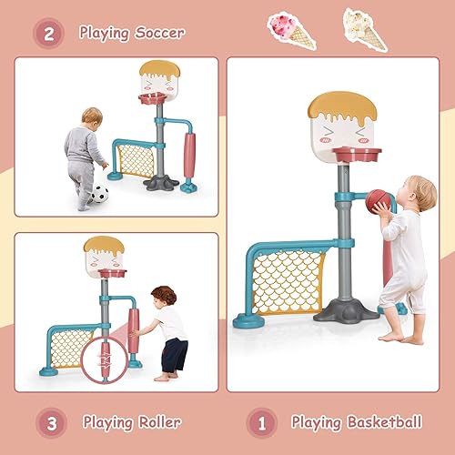 Miniatura 2 de Costzon - Soporte de baloncesto 3 en 1 para niños y porteros de fútbol soporte de baloncesto con altura ajustable centro de actividades interior y