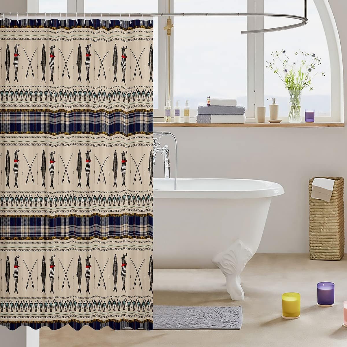Erosebridal Fishing Shower Curtain,Rustic Farmhouse Bath Curtain for Kids Teens Adult,Fishing Rods Shower Stall Curtain Western Country Plaid Cloth Fabric Bathroom Decor Set with Hooks,72" W X 78" L