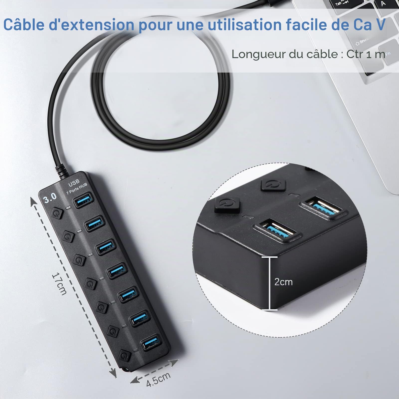 Hoppac Hub 7 en 1 Multiprise USB 3.0 2.0 Port Multiple PC Transfert Données Recharge Interrupteur LED 1M