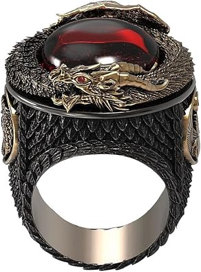 Punk Dragon Red Stone Ring for Men, Gothic Dragon Totem Ring Iced Out Dragon Animal Ring for mens
