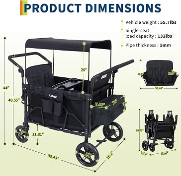 4-Seater Foldable Push & Pull Kids Wagon – All-Terrain with 360° Wheels, Adjustable Sun Canopy, 5-Point Harness, Snack Tray & XXL Storage – Oxford 600D Fabric – Outdoor Camping Cargo Cart