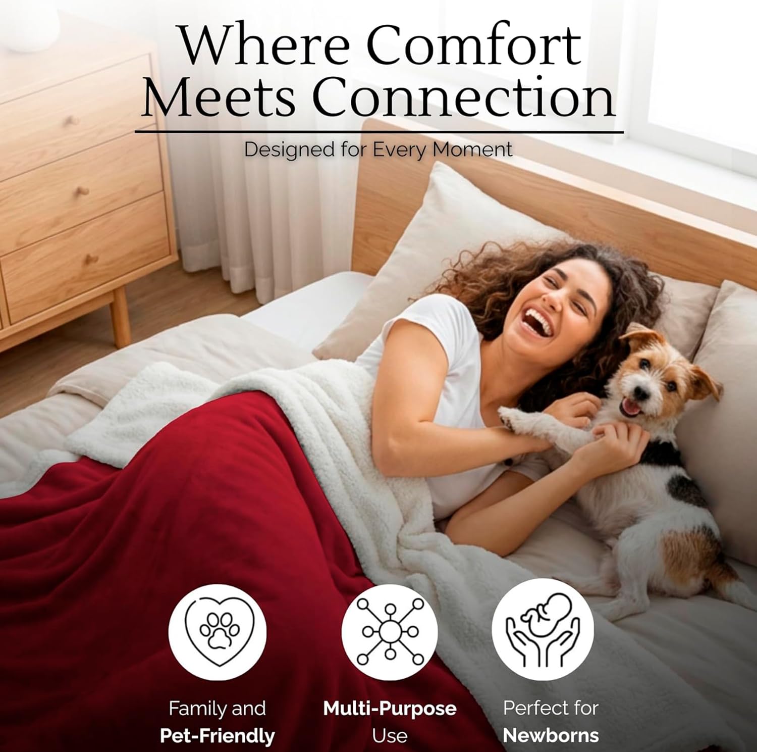 CREW FLX Waterproof Blanket for Bed Intimacy (80"x 60" Queen Size) Reversible Fleece | Sherpa, Love Blanket, Water Proof TPU Stain Proof Couch Furniture Mattress Winter Large Dog Bed Cover - Gray: Red Sherpa Fleece 80 x 60 inch