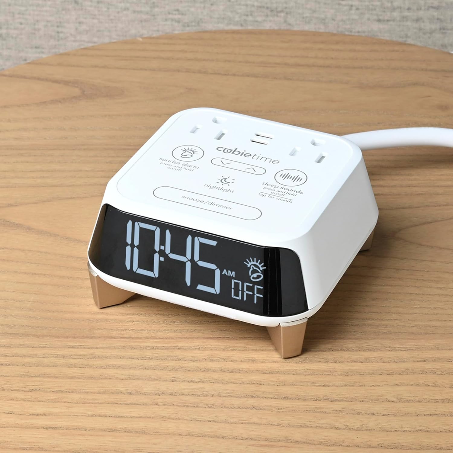 Brandstand CubieTime Zen - White (Latest Model) - White Noise/Sleep Sounds Alarm Clock Charger with 2 USB-C Ports, 2 Power Outlets, Night Light