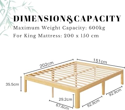 Bamboo Wood King Size Bed Frame with Metal Slats Support, Platform King Bed Frame, Easy to Install, Noise Free, Sturdy, 35.5 cm High