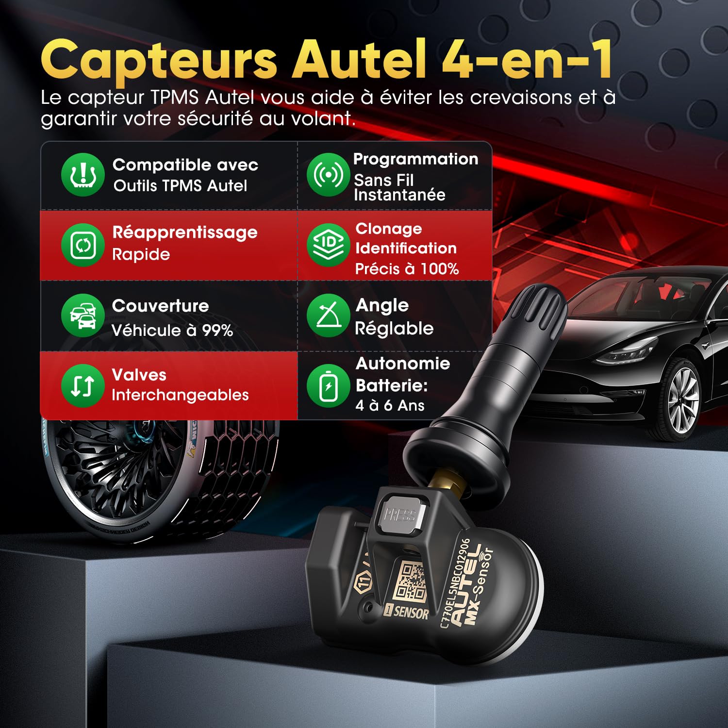 Autel TPMS Sensor 2en1 MX-Sensor, 1-Sensor Press-in Tire Pressure Monitor System Capteur, OE-Level Programmable & Clonable Wireless TPMS Sensor pour Tous Véhicules (Rubber Valve, 4PCS)