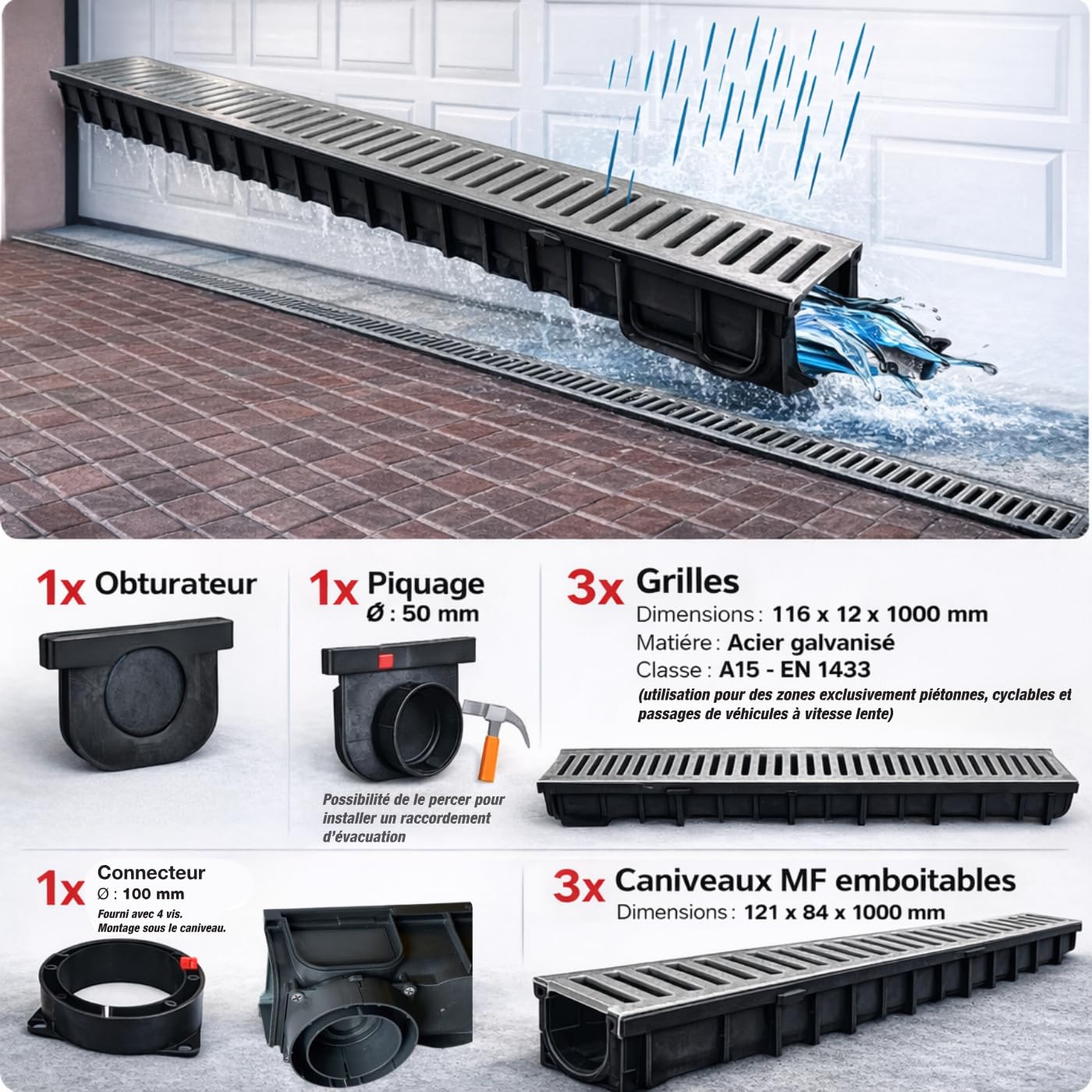 Jardibric - Kit Caniveau Drainage A15 3 m (Lot de 3 x 1 m) - Grille Acier Galvanisé - Jardin Terrasse