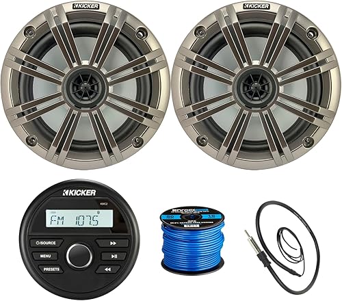 Kicker KMC2 - Receptor USB Bluetooth estilo marino resistente a la intemperie con altavoces coaxiales de barco de 6.5 pulgadas, 2 vías, 195 W, con
