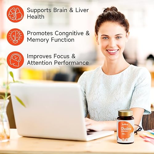 Miniatura 3 de Suplementos de colina, apoyan la salud del hígado y el cerebro, bitartrato de colina 550 mg, vegano, sin OMG, sin gluten, fabricado en EE. UU., 60