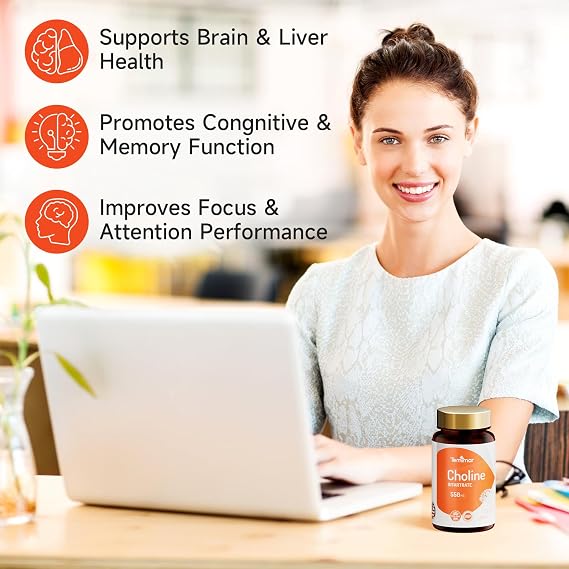 Choline Supplements, Supports Liver & Brain Health, High Absorption Choline Bitartrate 550mg, Non-GMO, Gluten-Free, Made in USA, 120 Vegan Capsules