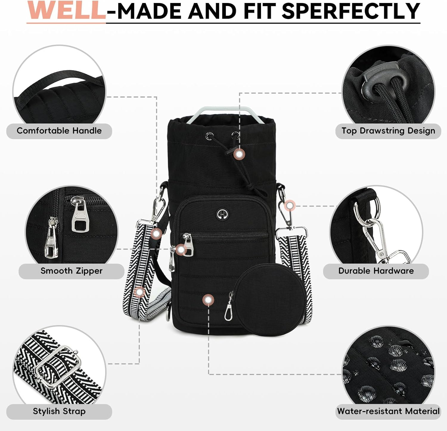 Water Bottle Carrier Bag with Strap, Sling Bag for Walking, Hiking, Cycling, Black, 40 Ounces - Image 6