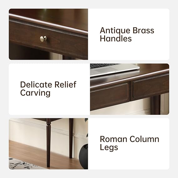 Vintage Solid Wood Home Office Desk with Drawers, Elegant Desk with Roman Column Legs & Brass Handles, Walnut Finish Study Desk for Home Office Study, 100% Solid Wood Furniture, Poplar-Walnut Finish