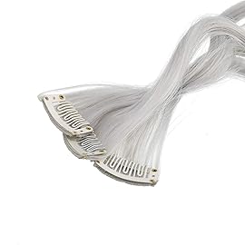 SWACC 12 Pcs Curly Wavy One Color Party Highlights Clip on in Hair Extensions Colored Hair Streak Synthetic Hairpieces (Sliver Gray)