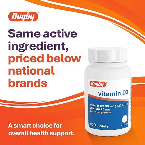 Rugby Vitamin D3 2000 IU (50 mcg) Tablets with Calcium 25 mg, 100 Count