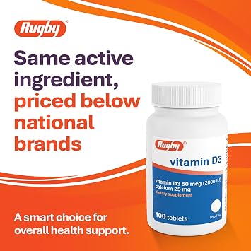 Rugby Vitamin D3 2000 IU (50 mcg) Tablets with Calcium 25 mg, 100 Count
