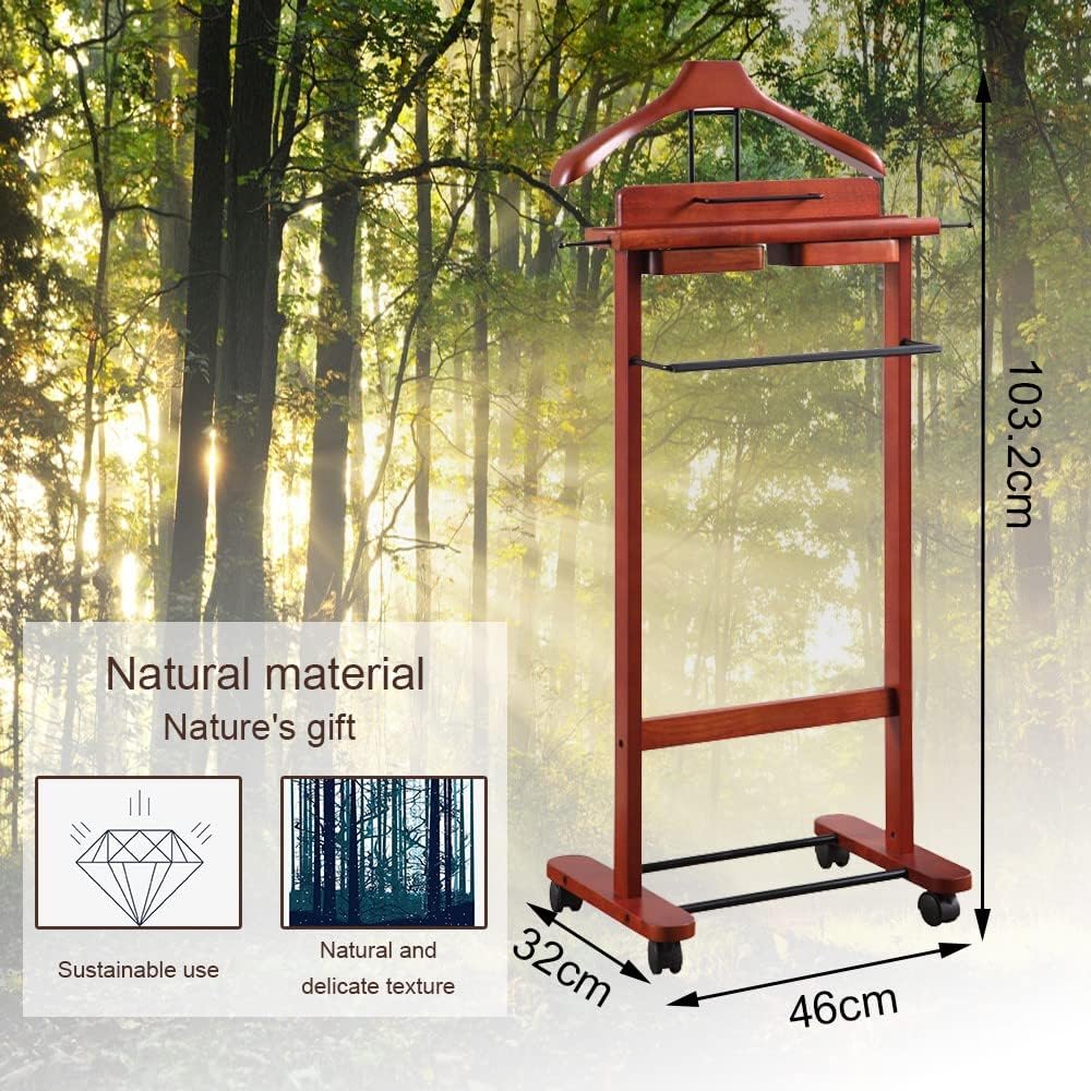 Suit Valet Stand Hanger, Wooden Valet Stand Men Suits Stand with Universal Wheels, 360° Rotatable Floor Standing Clothes Valet, for Office Living Room Bed Room 46X32X103.,