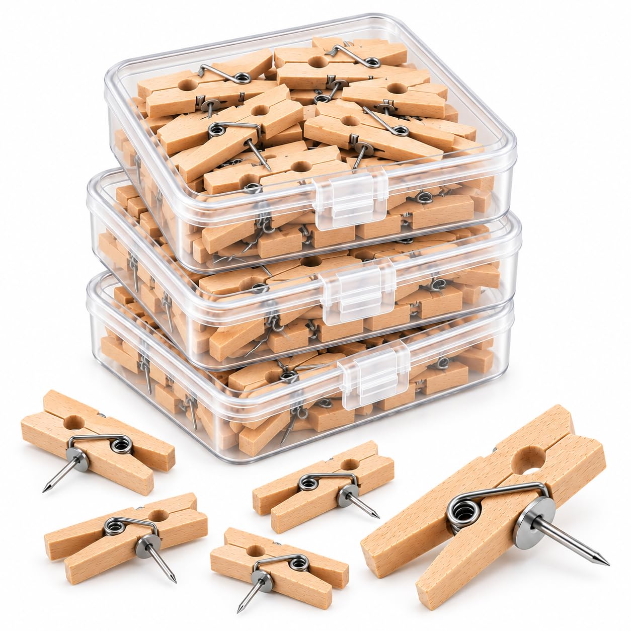 60pcs Push Pins with Wooden Clips, Felt Pin Board for Cork Board,Wood Color