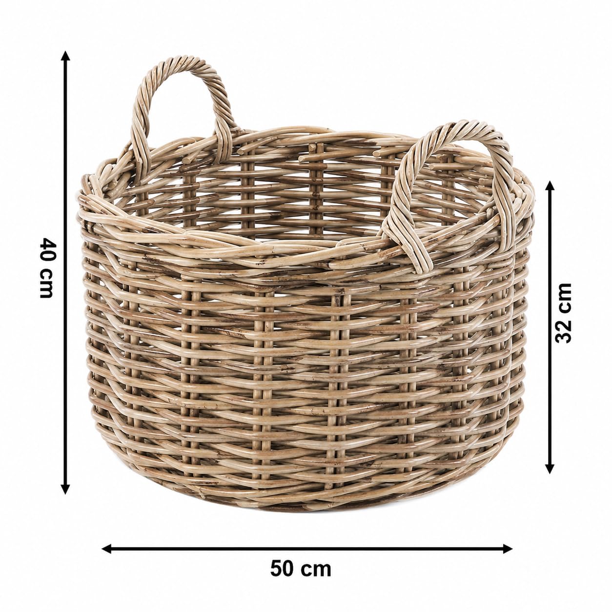 Kobolo Aufbewahrungskorb SELINA Ø 50 cm - Rattankorb grau, rund mit Griffen
