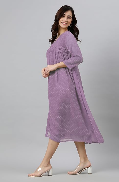 Janasya Women's Chiffon Lavender Flared Summer Dress for Women