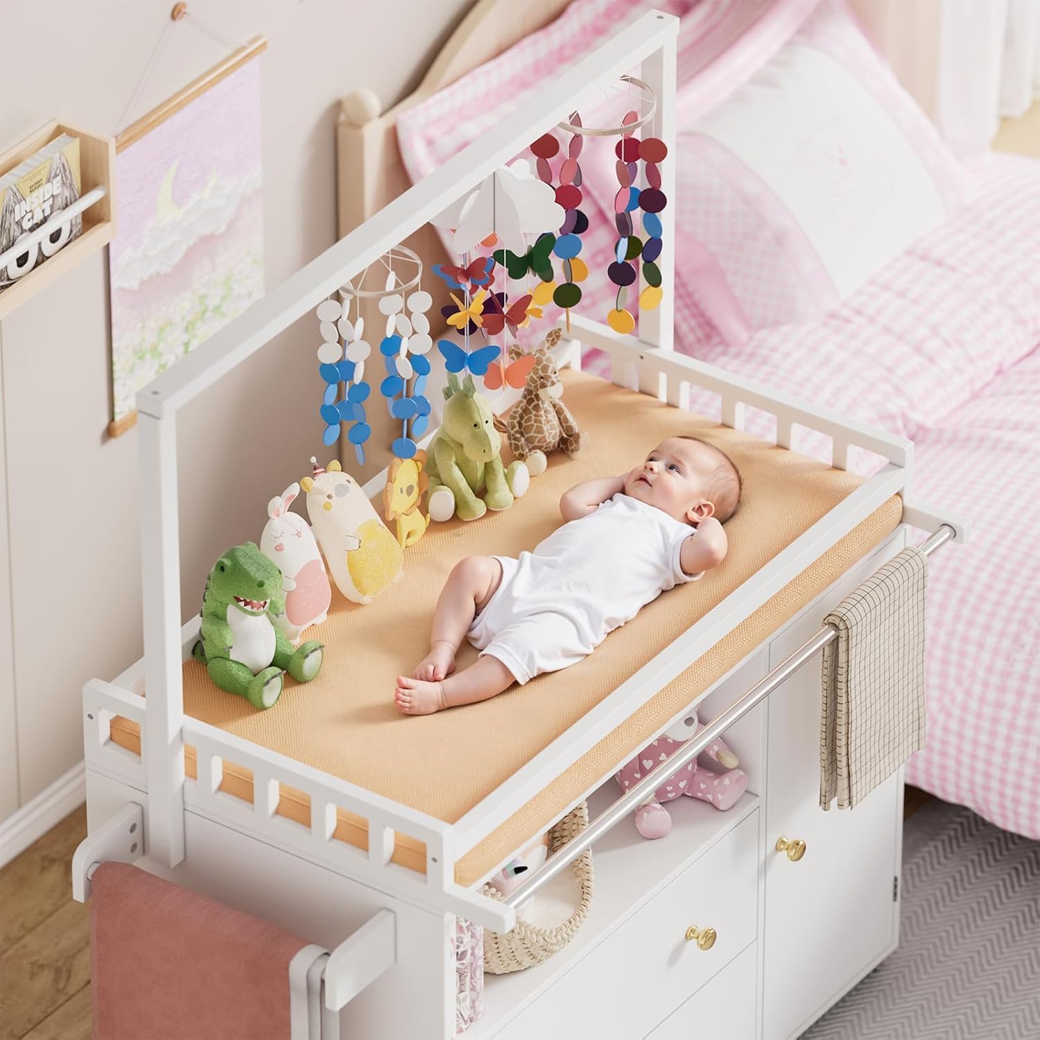 Modern Baby Changing Table with 3 Extra Deep Drawers, Multi Functional Nursery Dressing Table with Storage Shelves Hangers, White Wooden Baby Station with Integrated Drying Rack (1 Drawers + 1