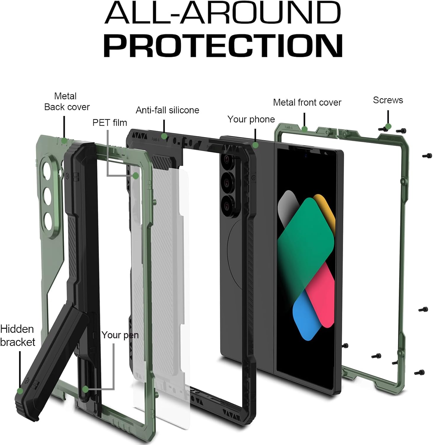 Metal Case Compatible with Samsung Z Fold 7 Aluminum Military Grade Rugged Case with S Pen Holder Metal Stand Hinge Protection Screen Protector Drop Tested Shockproof Full Cover (Green)