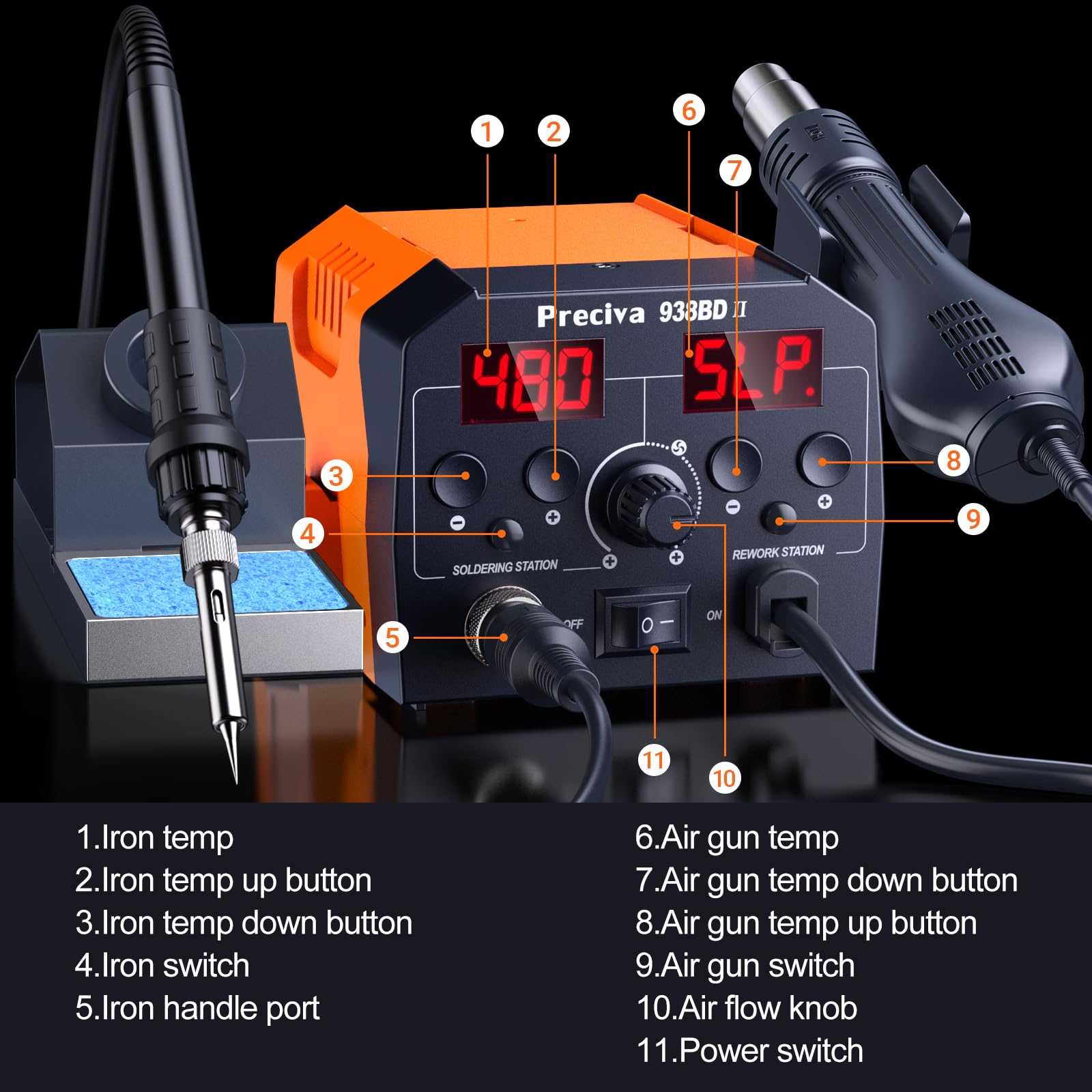 Preciva Estación de Soldadura 740W, 2 en 1 Soldador Estaño con Aire Caliente y Cautín, Doble Pantalla Digital, Función Reposo 10 Min, Lupa 5X con Luz, Pinzas Tercera Mano para Reparación Electrónica