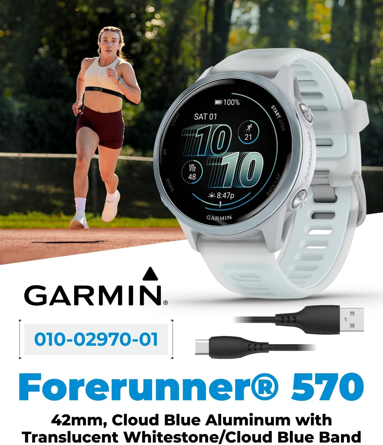 Garmin Forerunner 570 42mm Advanced GPS Running & Triathlon Smartwatch AMOLED Display Training & Recovery Cloud Blue Aluminum w/Translucent Whitestone/Cloud Blue Band w/Wearable4U White EarBuds Bundle