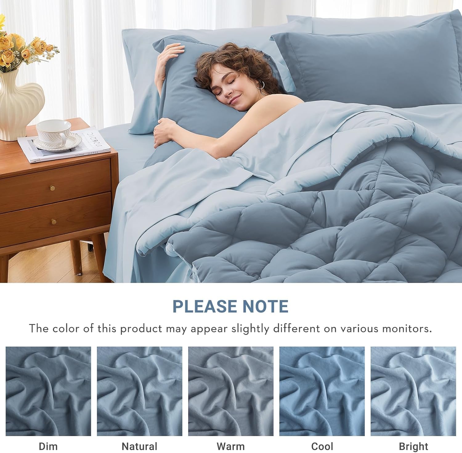 MUXHOMO 7 Pieces Queen Comforter Set, Reversible Bed in a Bag Queen Size, All Season Bedding Set with Comforter, Flat Sheet, Fitted Sheet, Pillowcases & Shams, Mineral Blue & Light Blue