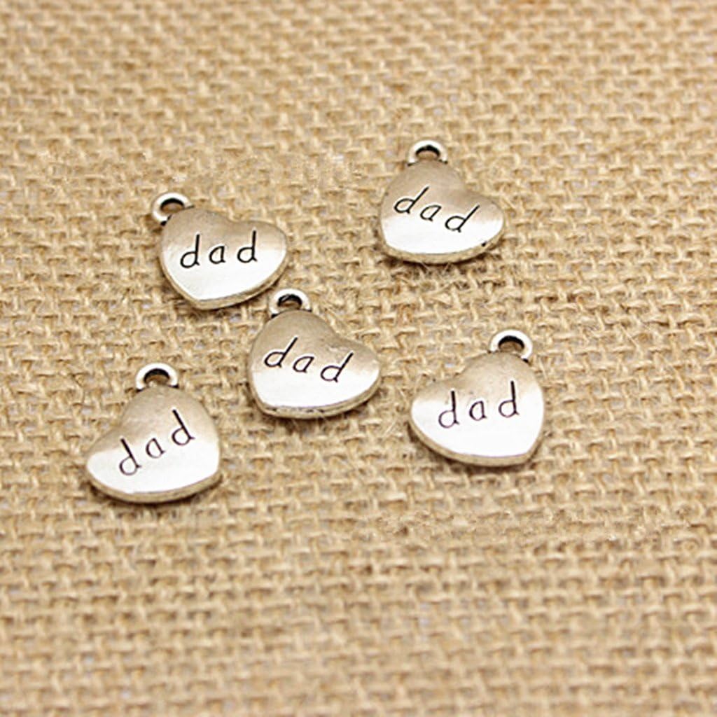 30pcs Dad Charm,Heart Shape Double-Faced Pendant for Father's Day as DIY Bracelet Necklace Jewelry Making Findings(Antique Silver)