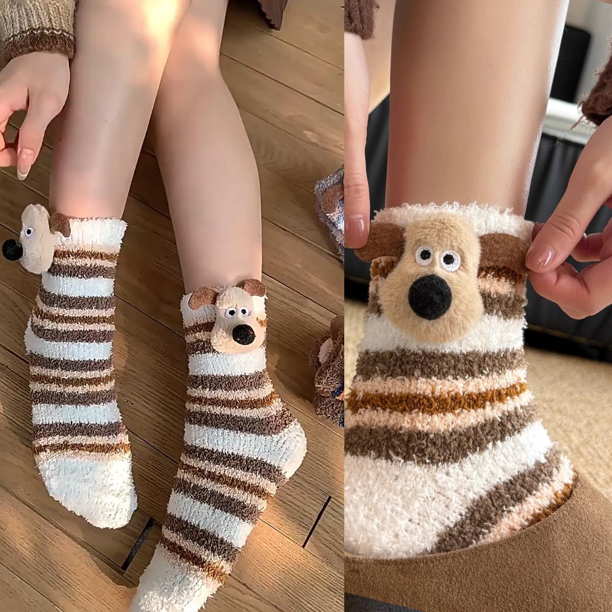 4 Pairs Womens Fuzzy Socks Winter Warm Fluffy Soft Slipper Home Sleeping Cute Dog Animal Coral Fleece Socks - Image 4