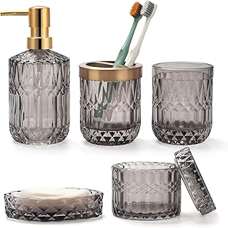 5PCS Grey Glass Bathroom Accessories Sets of Lotion Dispenser, Soap Dish...