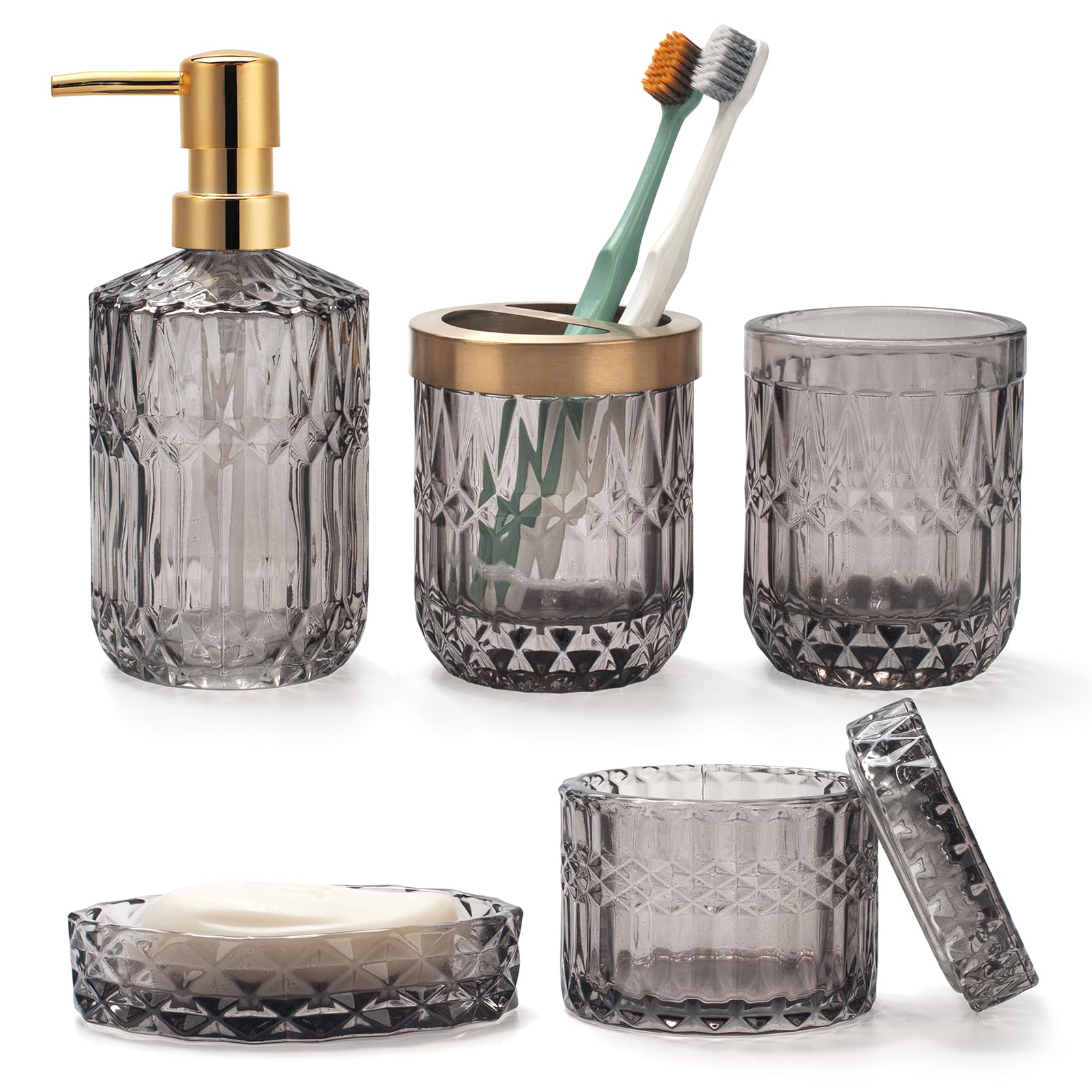 5PCS Grey Glass Bathroom Accessories Sets of Lotion Dispenser, Soap Dish, Toothbrush Holder, Tumbler, Cotton Swab Jars