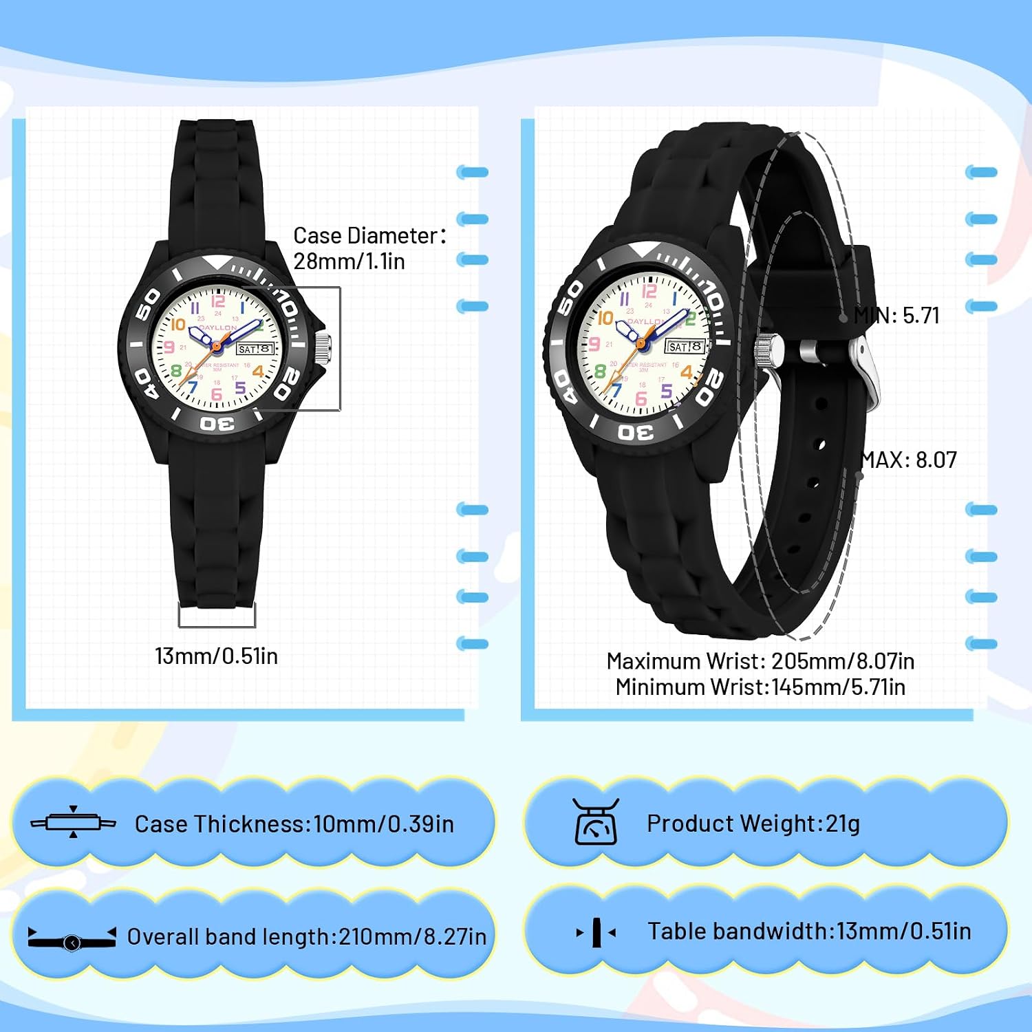 Dayllon Kids Watch for Boys Girls Watches Age 3-15, Child Waterproof Soft Band Wristwatch Time Teaching Easy to Read Kids Presents-Black