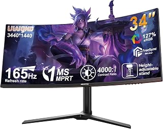 34" Curved UltraWide Gaming Monitor, 21:9 QHD (3440x1440) 165Hz 1ms(MPRT), 1500R Ultrawide Computer Screen, FreeSync, 130% sRGB, PBP, HDMI 2.0 DP 1.4, VESA 100x100, Tilt Pivot, Office & Gaming