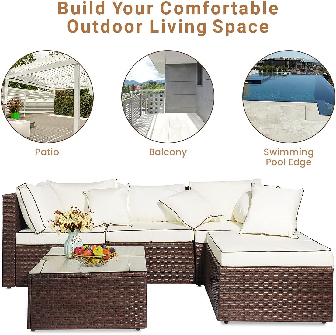 AWQM 5 Pieces Patio Furniture Sets All Weather Outdoor Sectional Sofa Manual Weaving Wicker Rattan Patio Conversation Set with Cushion and Glass Table, Brown : Patio, Lawn & Garden