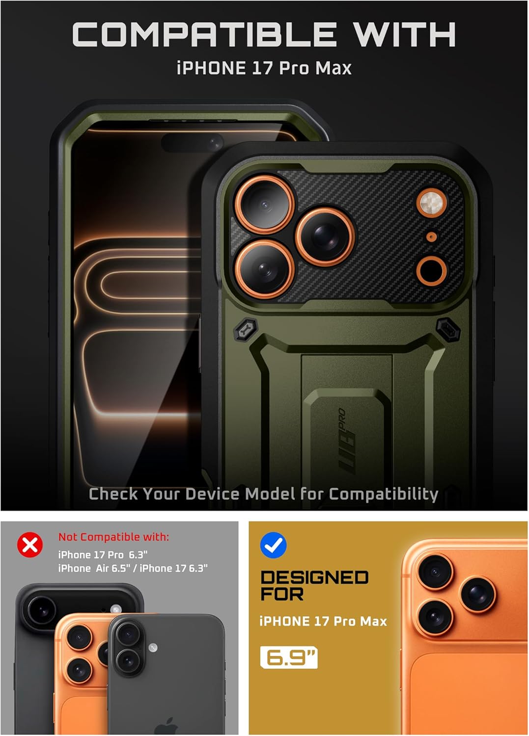 SUPCASE for iPhone 17 Pro Max Case with Camera Control Button (Unicorn Beetle Pro), [Built-in Kickstand & Screen Protector] [Military-Grade Protection] Full Body Heavy Duty Phone Case, Guldan