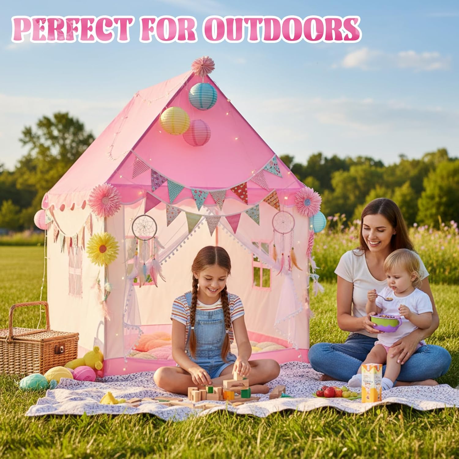 Pink Kids Play Tent with 4pcs Flower Pillow Daisy Pillow Decoration, Indoor/Outdoor Princess Castle Playhouse Tent for Girls Birthday Fairy Tale Theme Playhouses Children's Rooms Kindergartens