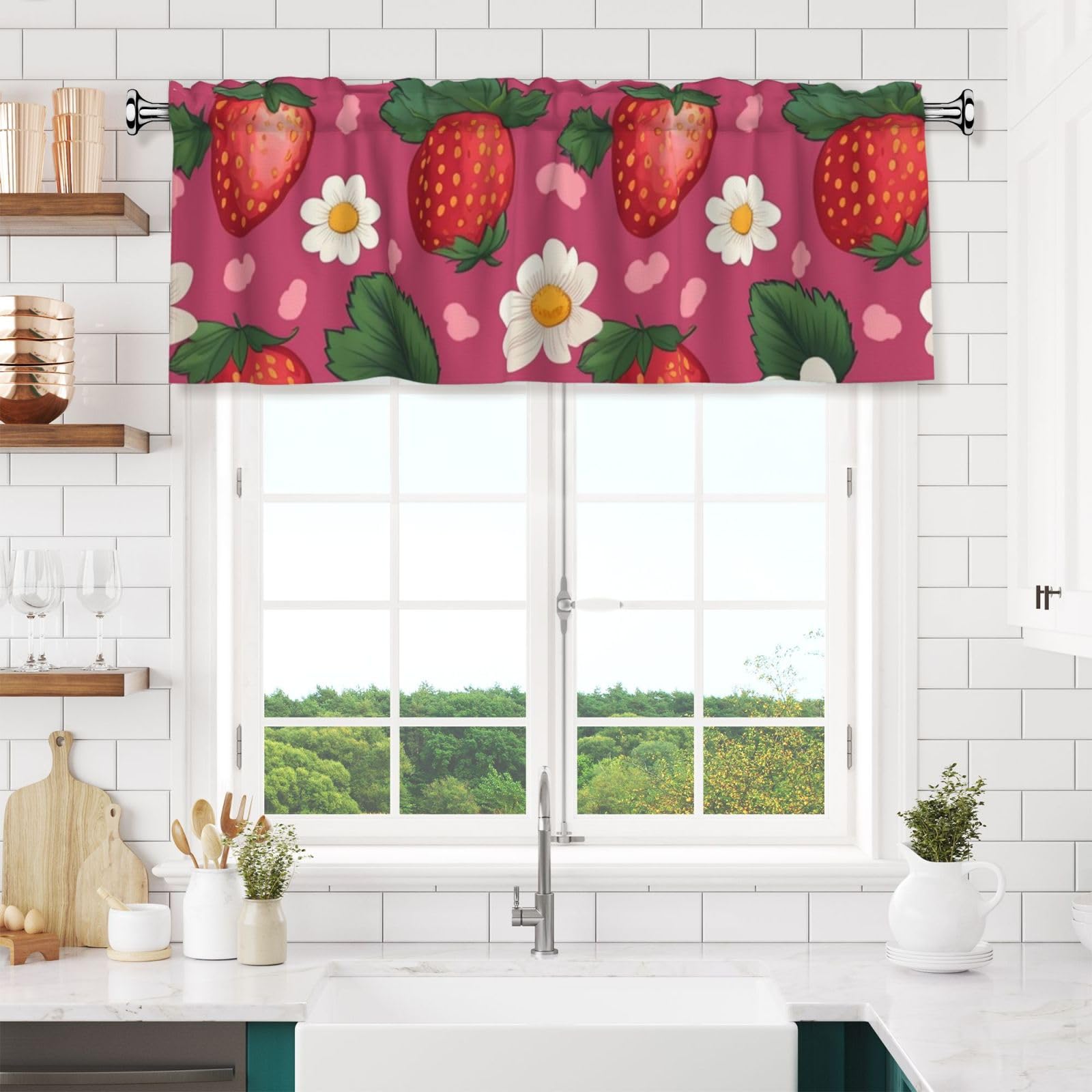 NONHAI Strawberry Valances for Windows Short Curtains Rod Pocket Cafe Window Treatments Valance Curtains for Kitchen Bathroom Laundry Basement Windows 54x18inch Blackout Window Valance