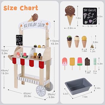 labebe Wooden Ice Cream Cart for Kids, Toddler Ice Cream Truck Pull-Along Pretend Play Stand for 3-8Y, Children Role Play ice cream toy Trolley with Blackboard, ringbell, Ice-lolly for 36M+ Girls Boys