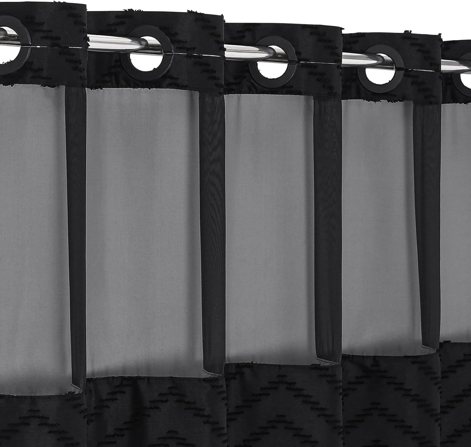 No Hooks Boho Black Shower Curtain Set with Snap-in Liner, Farmhouse Woven Fabric Tufted Chevron Striped Textured Shower Curtain, Modern Style with See Through Window 72 x 74