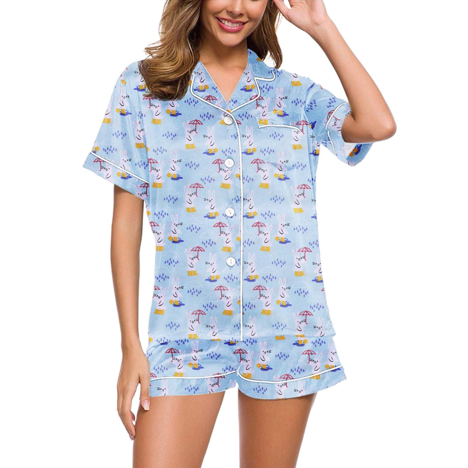 2-teiliges Pyjama-Set für Damen, Pyjama-Set mit Tiger-Blumen-Grafikdruck, kurzärmeligem Hemd Shorts mit Knöpfen