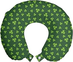 ABAKUHAUS Flowers Travel Pillow Neck Support, Mini Shamrock Leaves Pattern, Foam Travel Items for Aeroplane and Car, 30 x 30 cm, Fern Green Lime Green