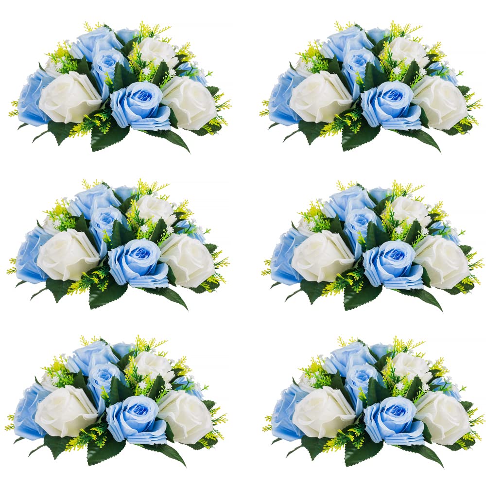 Boules de fleurs décoratives pour tables de mariage, lot de 6 décorations de table, boules de fleurs, centre de table pour fiançailles, mariage, célébration et fête, bleu et blanc
