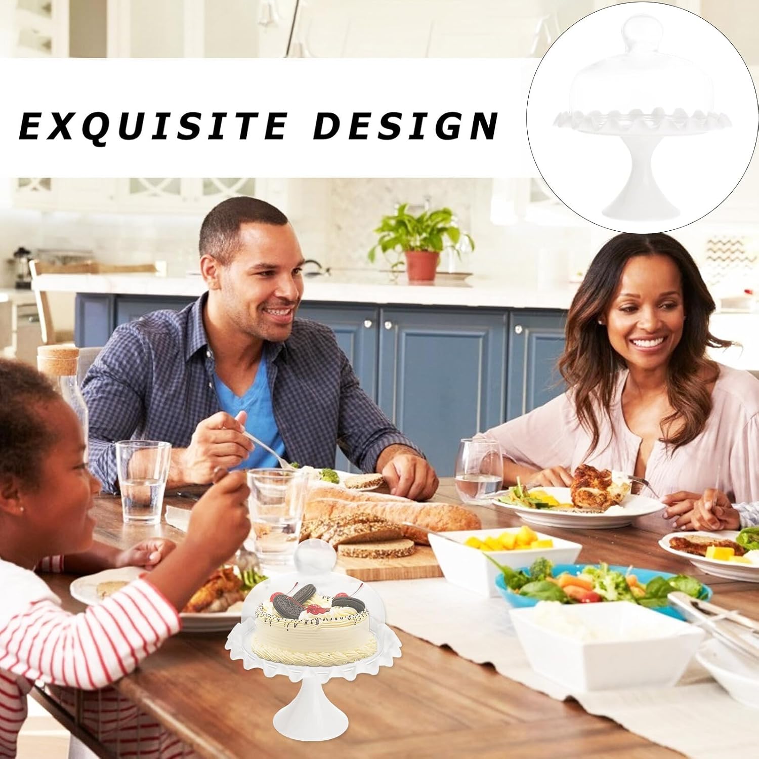 Cake Glass Cover with White Ceramic Tray Set, Food Dome Lid for Dust Protection and Snack Display, Suitable for Home Kitchen Serving and Dessert Presentation